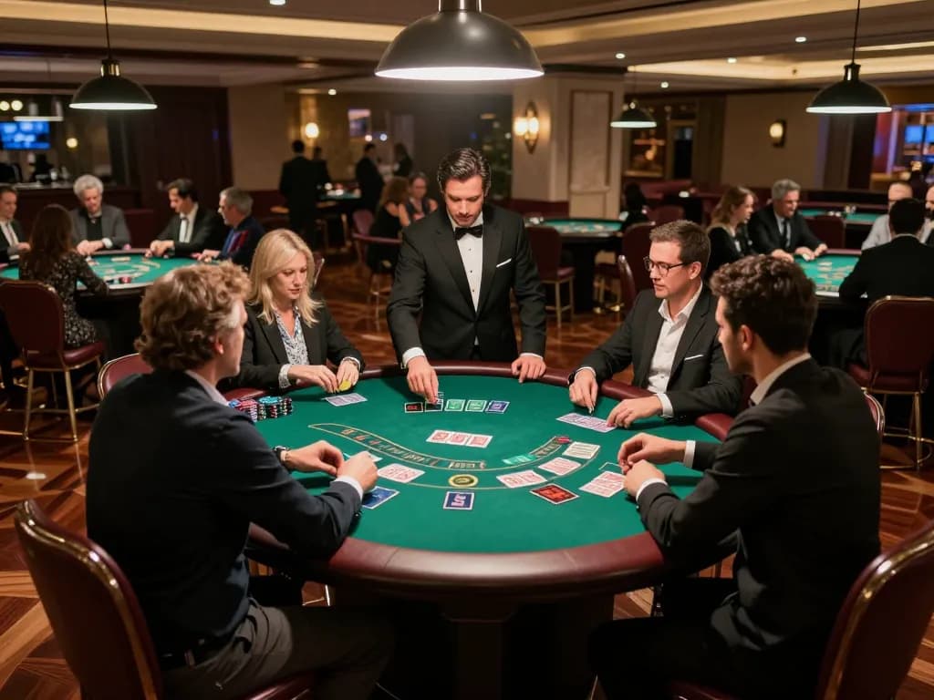 A thrilling blackjack game at a luxury casino where players strategically place bets in hope of winning with debet strategy.
