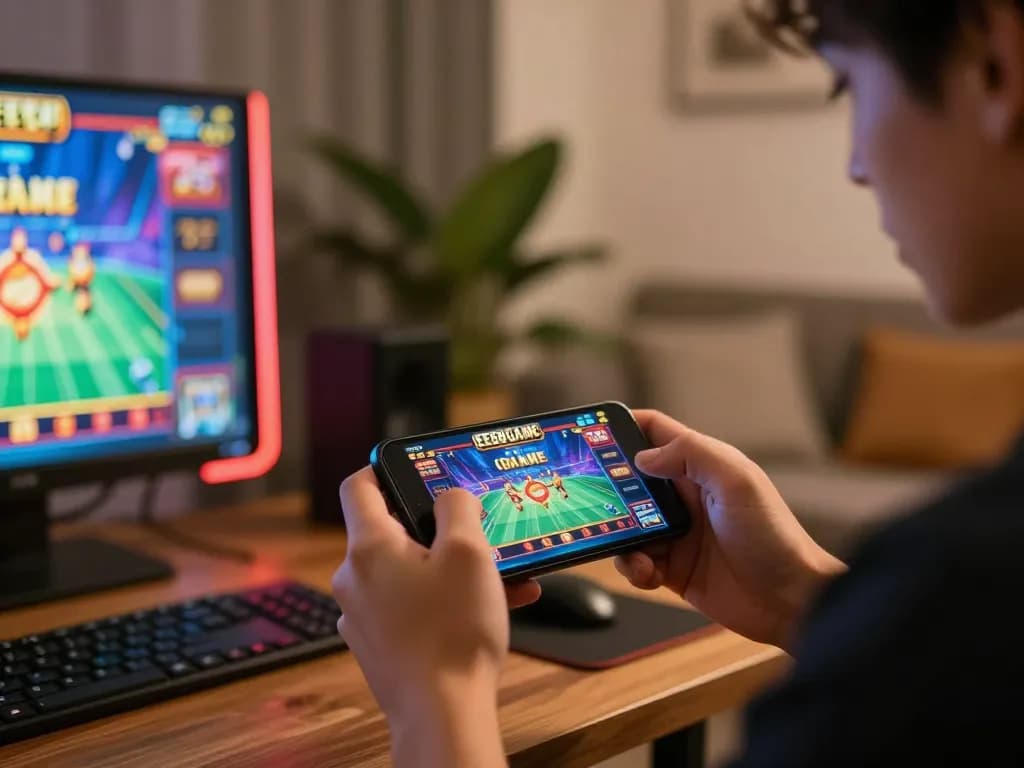 Excited player engaging in the EE88 GAME on a smartphone surrounded by vibrant casino decor.