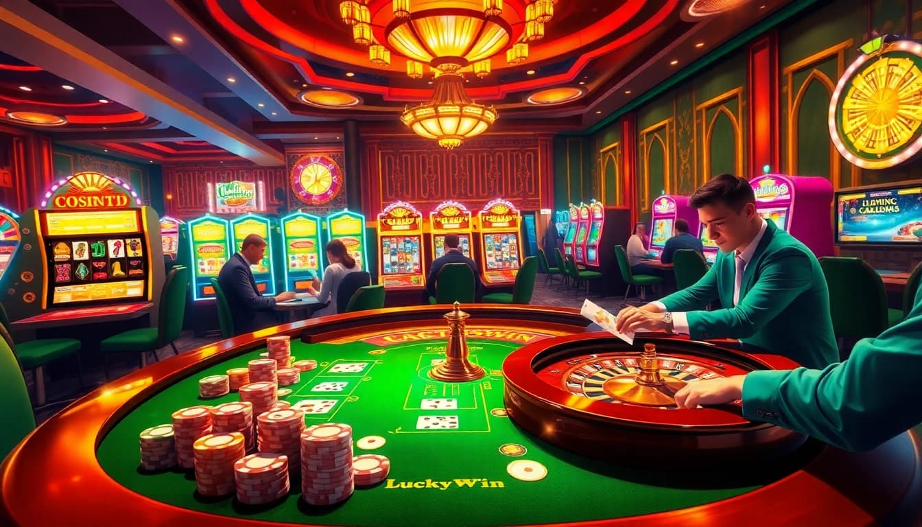 Experience the excitement of LuckyWin with vibrant casino games, poker chips, and slot machines.