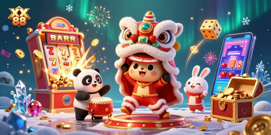 Play exciting games at XX 88 with animated characters celebrating wins amidst casino elements.