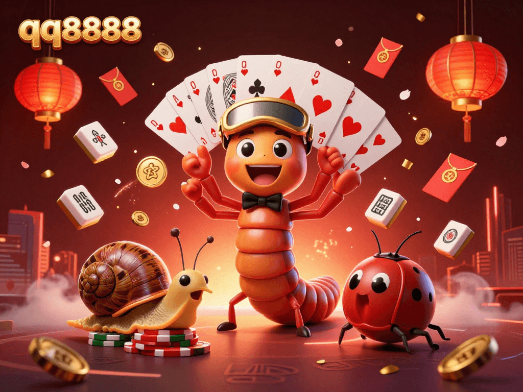 Experience thrilling gaming with qq8888 as a millipede dealer showcases cards amidst a lively casino atmosphere.