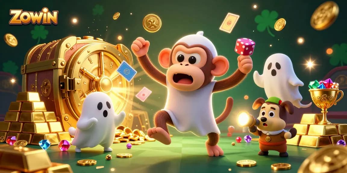 ZOWIN showcases an immersive casino adventure with a playful monkey and curious puppy in a treasure-filled scene.
