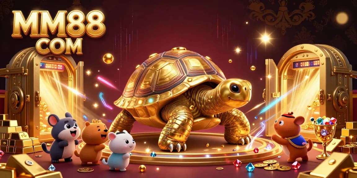 Play exciting games at MM88 COM with vibrant and engaging casino elements, featuring gold treasures and animated characters.