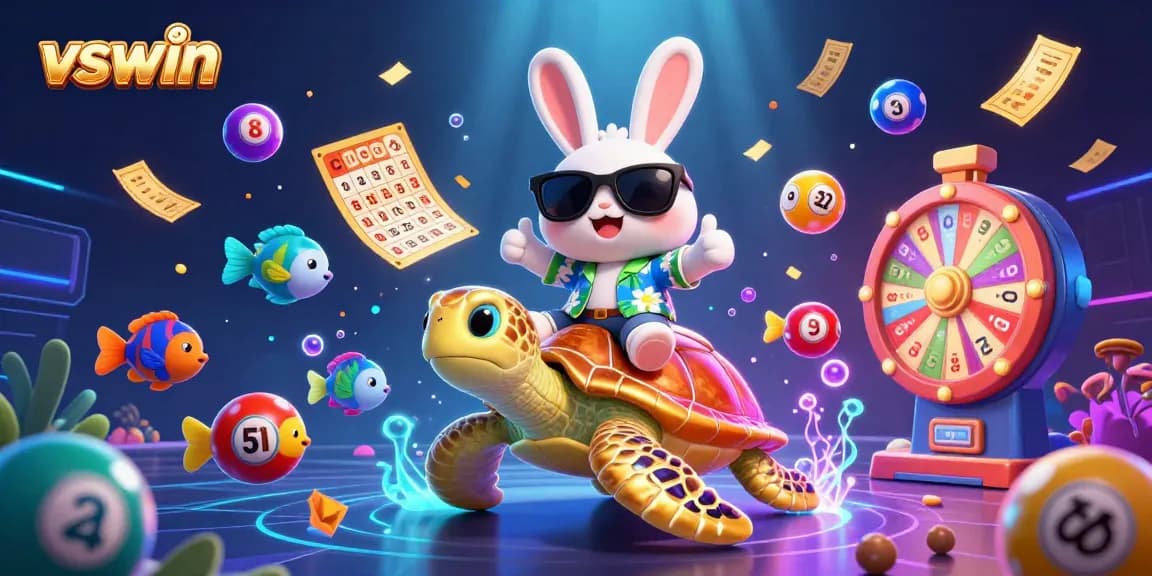 Experience winning luck at vswin with a lucky rabbit and golden sea turtle surrounded by vibrant gaming elements.