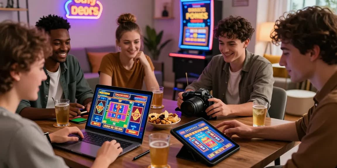 Friends enjoying vibrant gameplay at credit card casinos online, showcasing excitement and togetherness in a modern living space.