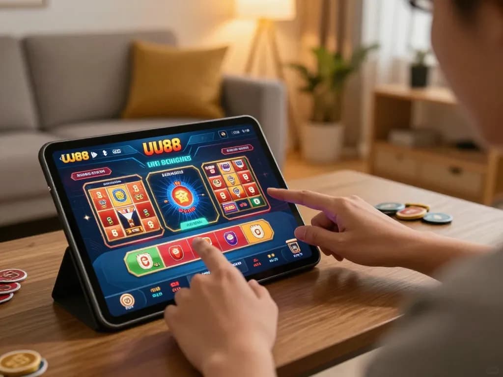 Player engaging with the UU88 casino app on a tablet in a cozy home setting