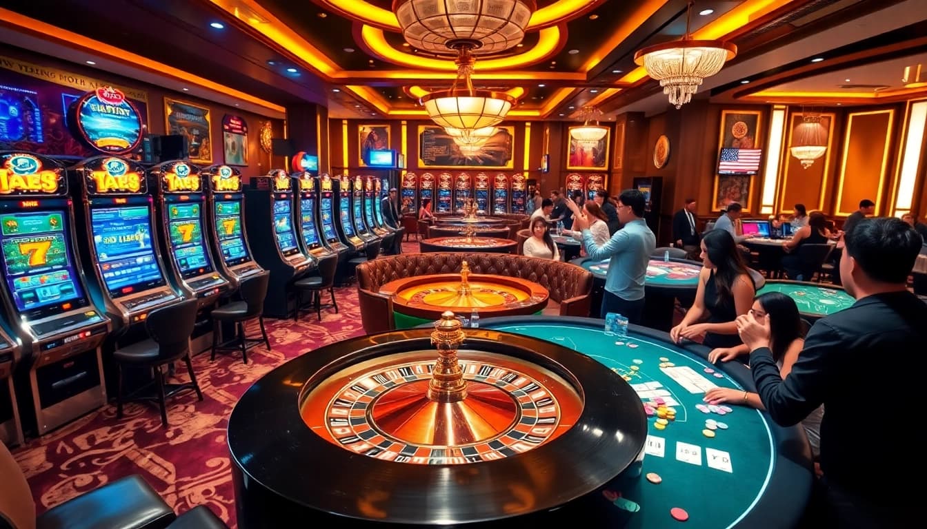 Experience the thrill of Khuyến mãi 98win in a glamorous casino setting with vibrant games and excited players.