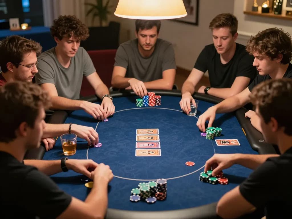 Players engage in competitive poker gameplay at home with sc88 strategy discussions and vibrant chips.