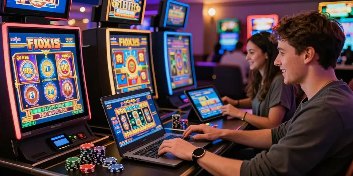 Players enjoying games at casinos not on gamstop uk with laptops and tablets, showcasing a vibrant gaming atmosphere.