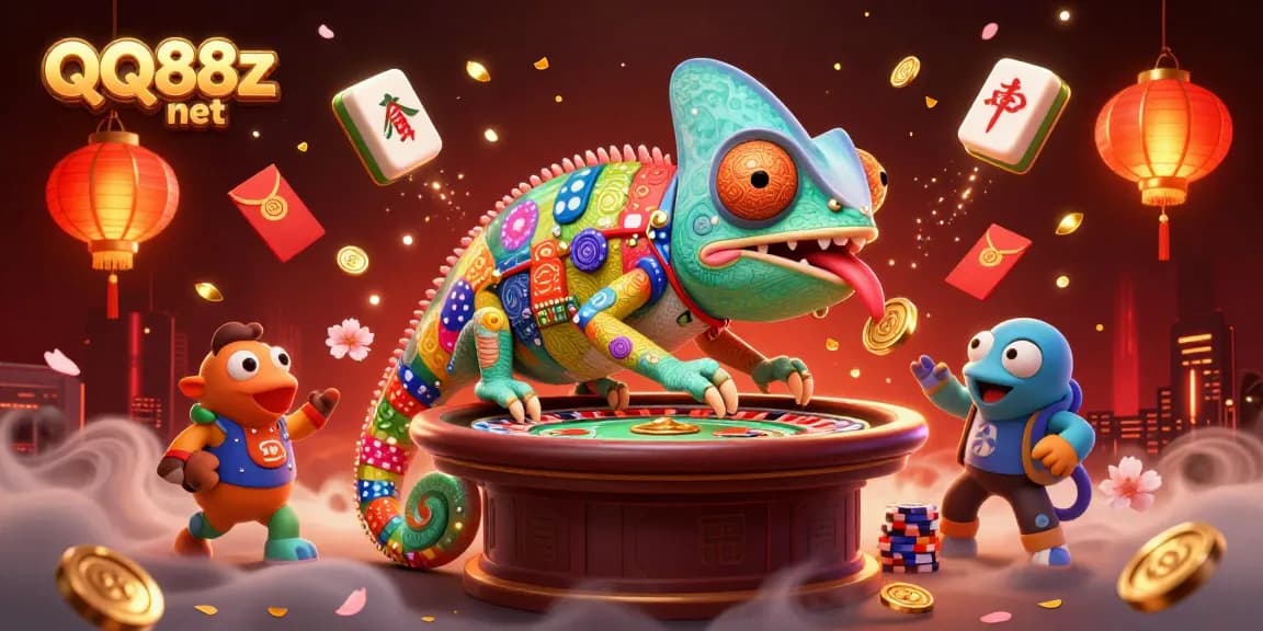 Win big at QQ88z net with an energetic casino scene featuring a chameleon and vibrant elements.