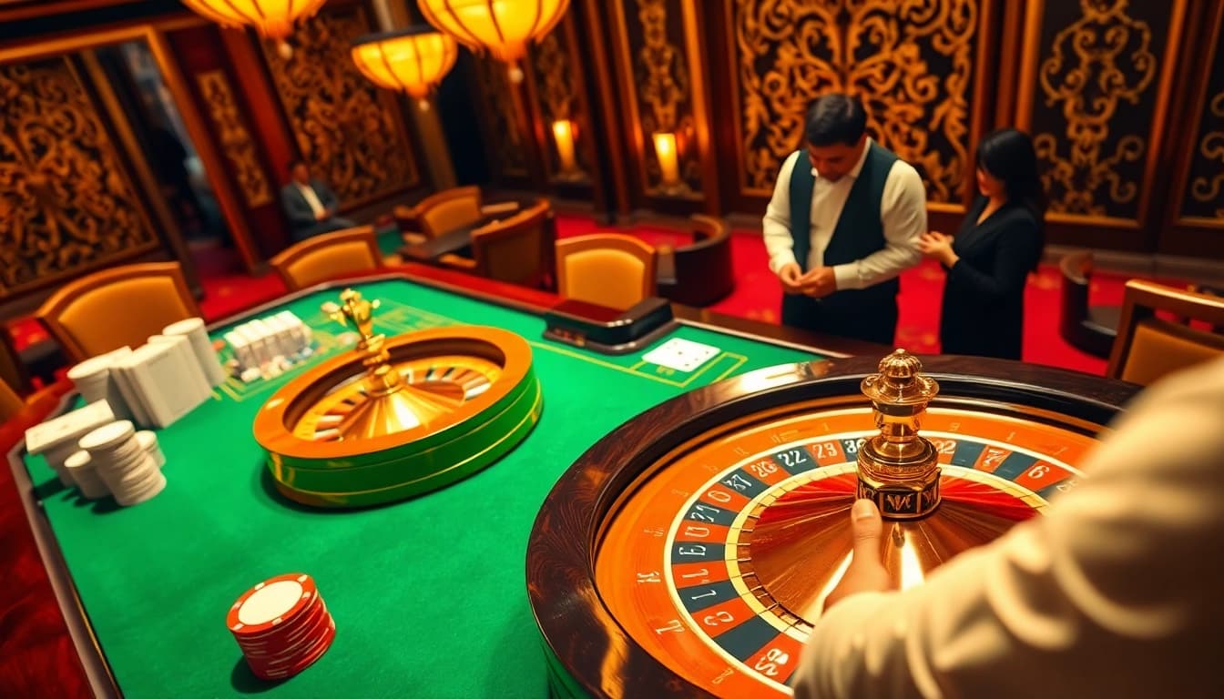 Exciting casino gaming action at AU88 with vibrant poker chips, playing cards, and roulette wheel.