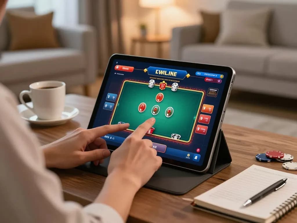 uu88 online casino gaming with a player engaged in a poker game on a tablet in a cozy home setting