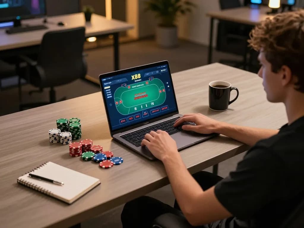 Player engaged in online gambling at x88 com, focusing on poker game strategy with laptop