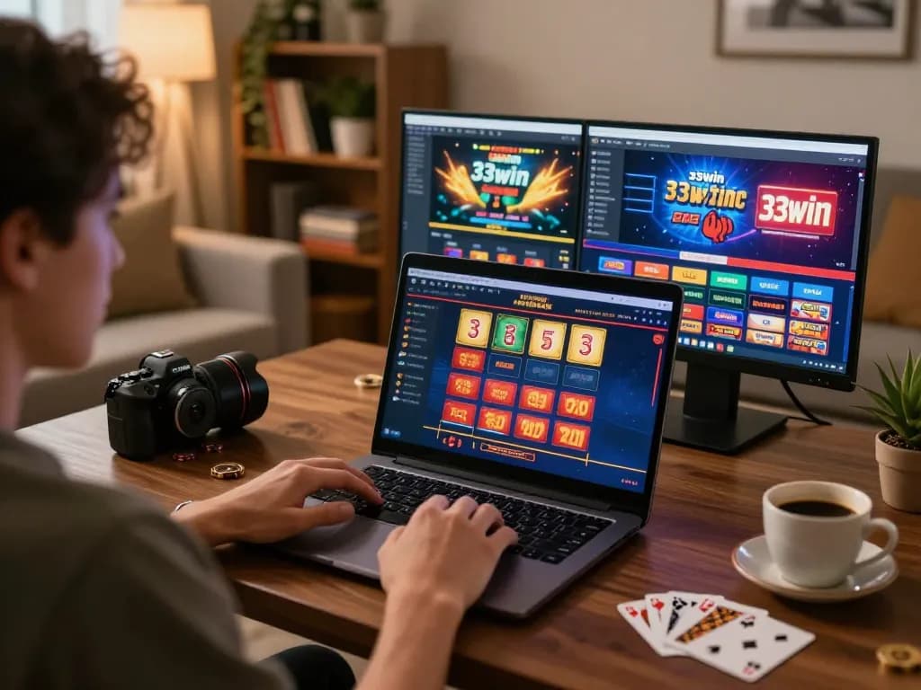 Engaging home gaming scene depicting a player exploring 33win casino games on a laptop, showcasing responsible gambling.