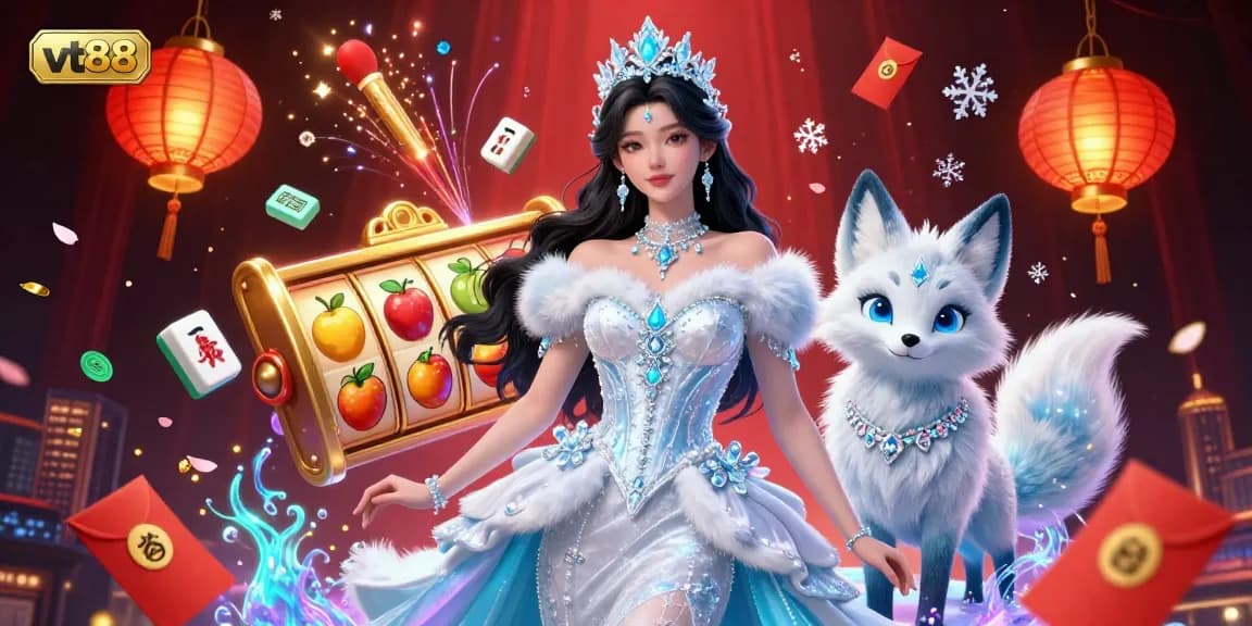 Experience the excitement of vt88 with a vibrant scene featuring slot reels, an ice queen, and festive decorations.