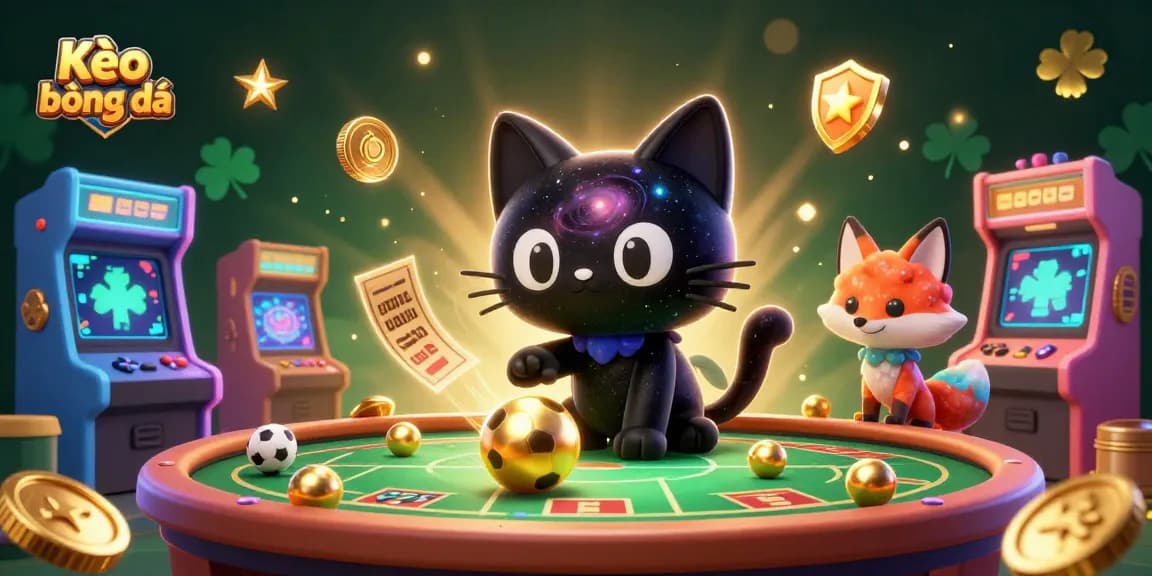 Kèo bóng đá scene with a cosmic cat and colorful fox engaging in vibrant sports betting with energetic visuals.