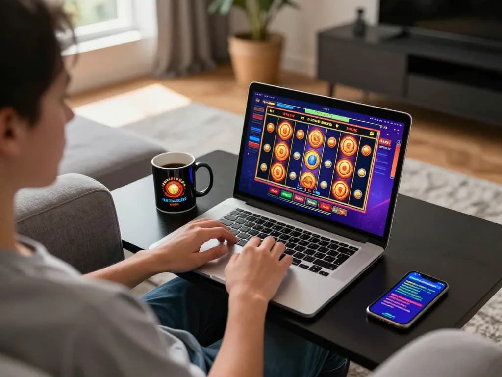 Player engaging with TR88SEO online casino on laptop during a cozy home gaming session