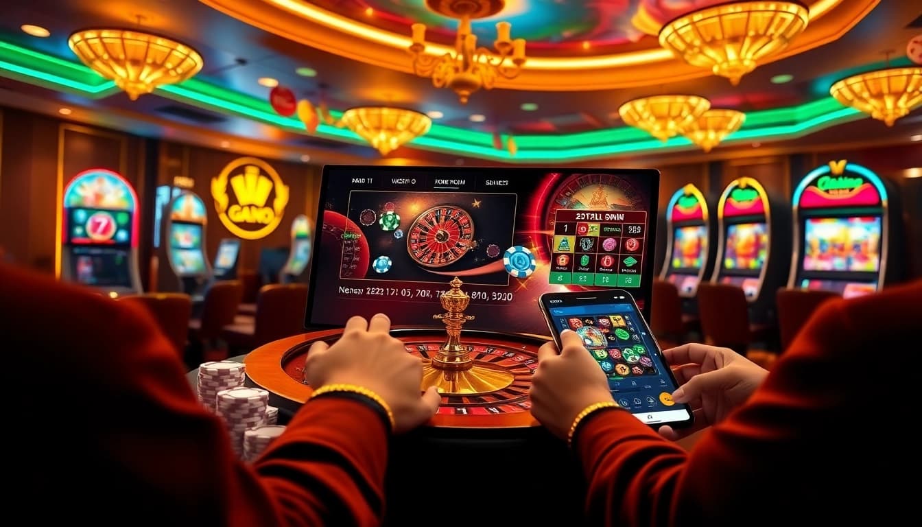 Players engaging with online casino games on https://nk88net.com/, showcasing poker chips and roulette wheels.