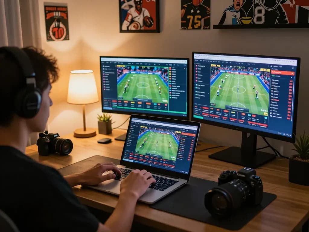 Engaging user betting online at uu88 com with multiple screens displaying odds and sports events.