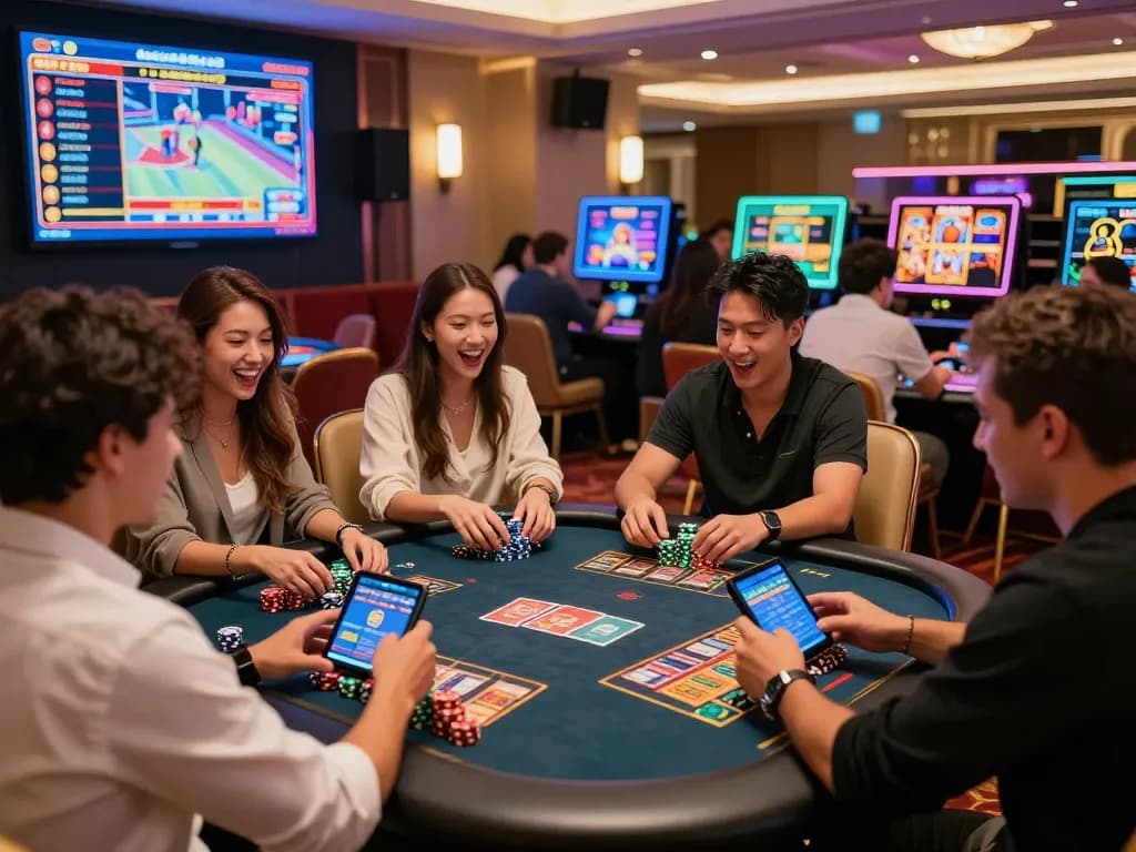 Excited friends experiencing lô đề online at an upscale casino setting, showcasing their gaming devices and animated expressions.