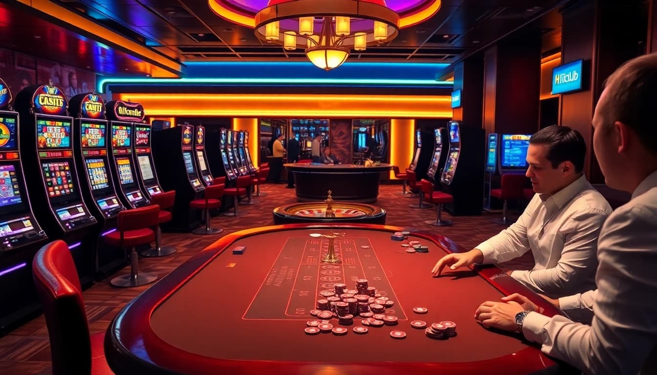 Hitclub players engaging at a poker table in a vibrant casino atmosphere.