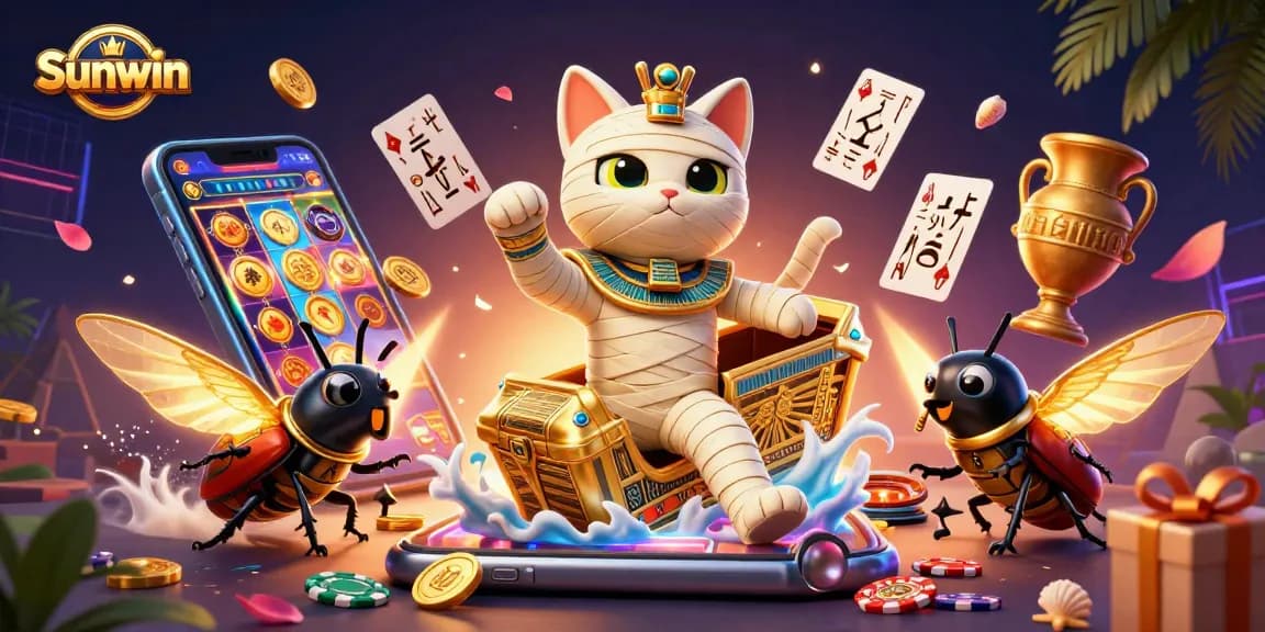 Engage in thrilling games with Sunwin, featuring a 3D cartoon Egyptian mummy cat and gambling-themed elements.
