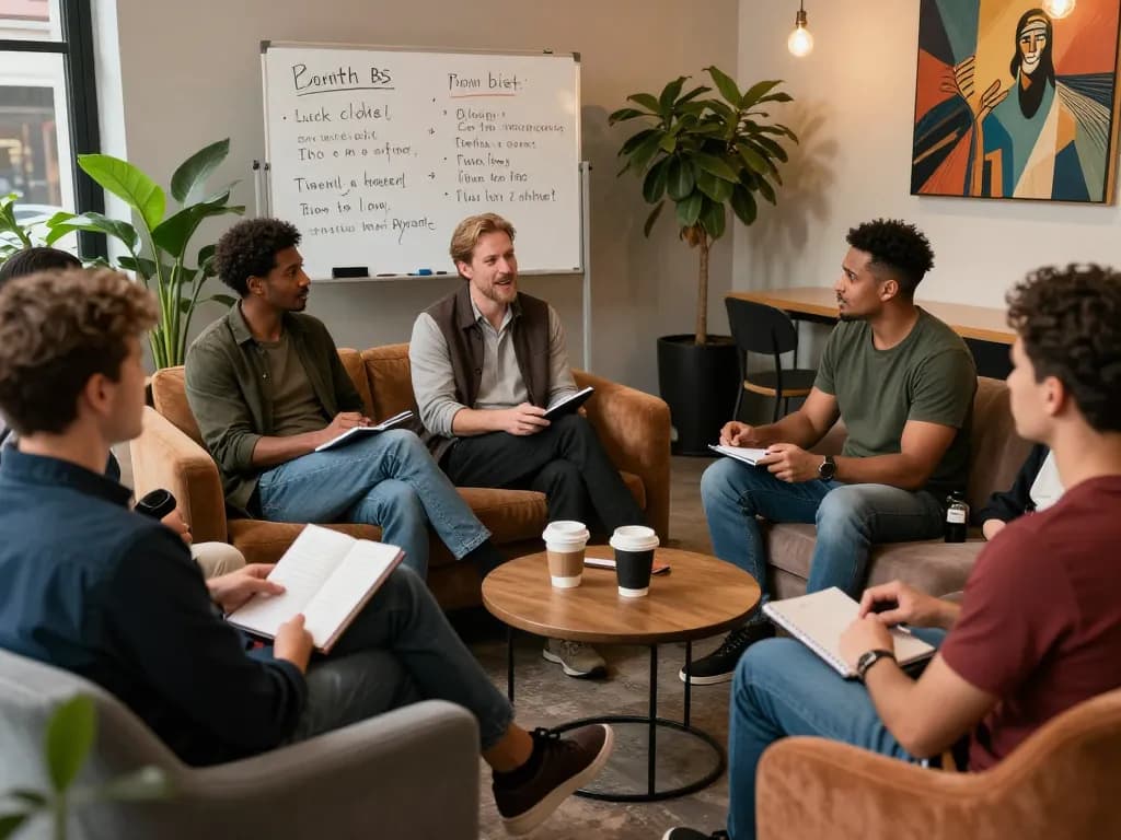 Men's wellness community meeting focused on support and conversation at manclub.