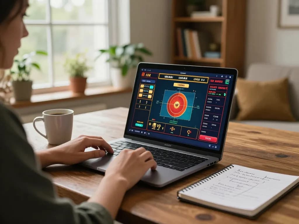 Engaging in online casino games at https://ee888.sa.com/ with a modern laptop and strategic notes.