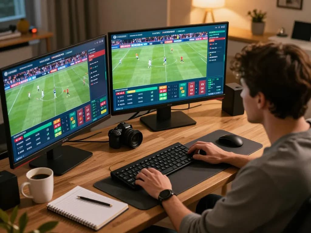 Engaging sports betting moment with a user at home actively utilizing nhà cái 11 bet on multiple screens for game updates and odds.
