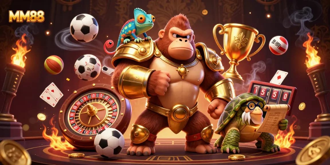 Experience the excitement of MM88 with a vibrant 3D illustration showcasing gambling elements and animated characters.