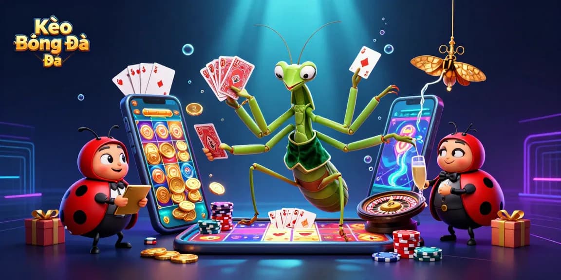Kèo Bóng Đá scene showcasing a giant mantis card sharp and ladybug pit boss amid vibrant casino elements.