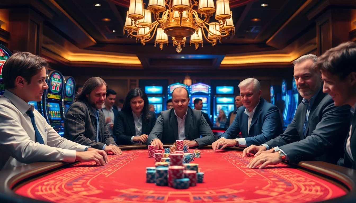 Experience high-stakes gaming at F168's vibrant casino table with colorful chips and excited players.