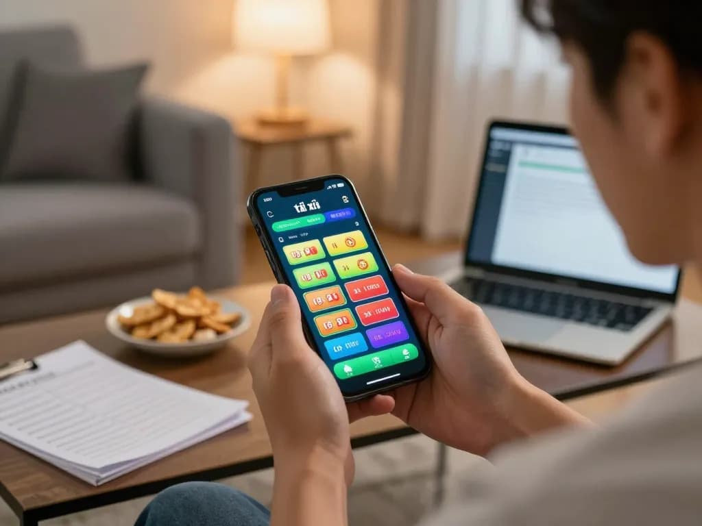Engaging in tài xỉu online mobile gaming on a smartphone in a cozy living room.