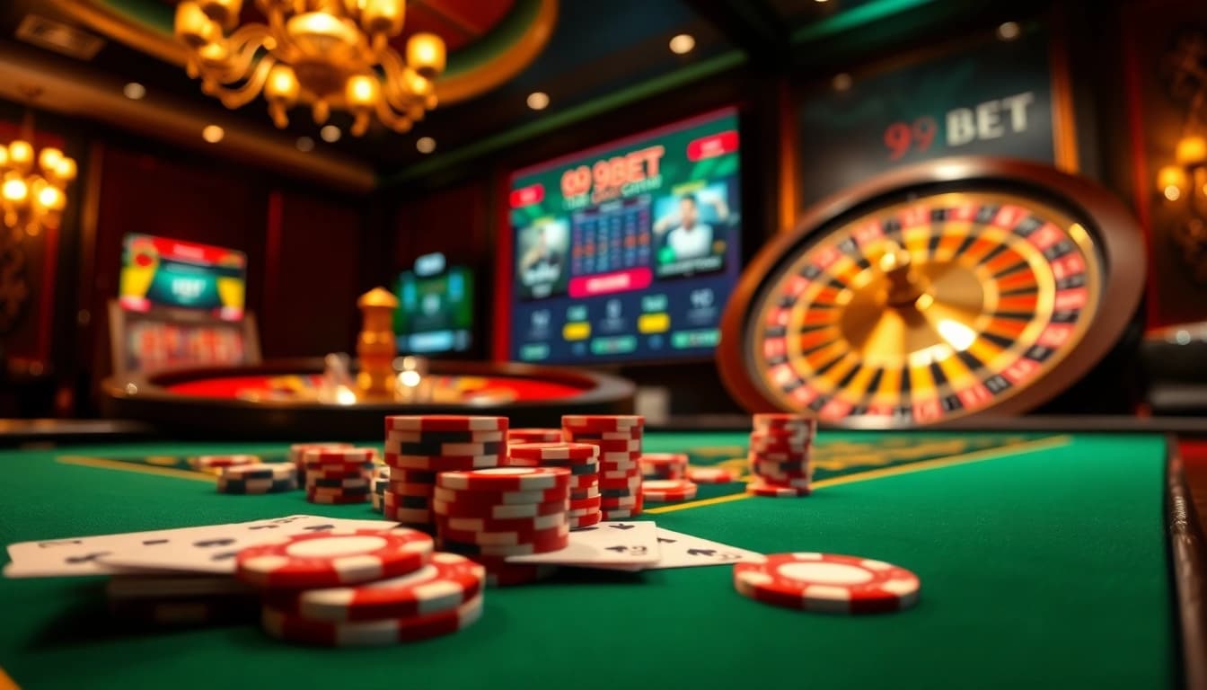 Experience the thrill of betting on 9bet.com with a vibrant online casino scene showcasing poker and roulette.