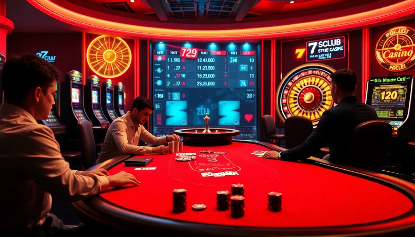 Action-packed scene at 789club showcasing players at a poker table amidst lively slot machines.