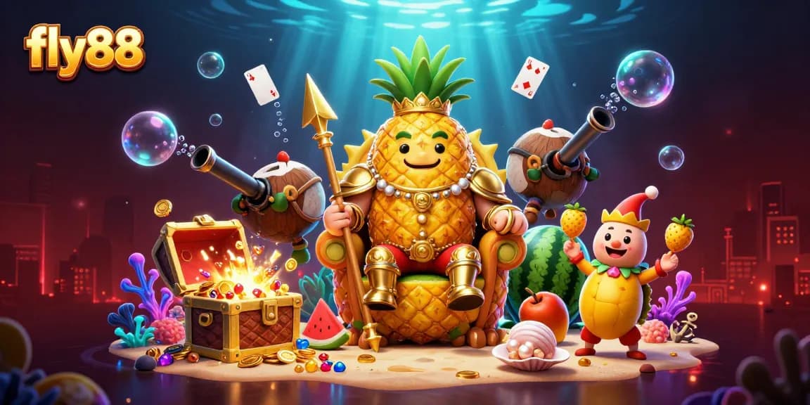 Engage in thrilling gaming action at fly88 with a vibrant scene featuring the golden pineapple king and explosive treasures.
