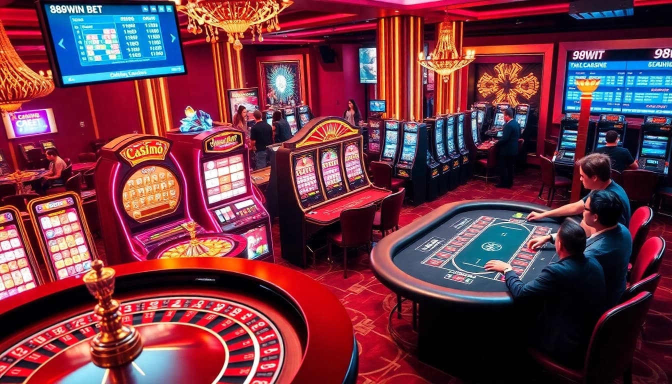Betting excitement at 98win bet with luxurious casino tables, vibrant slots, and player engagement.