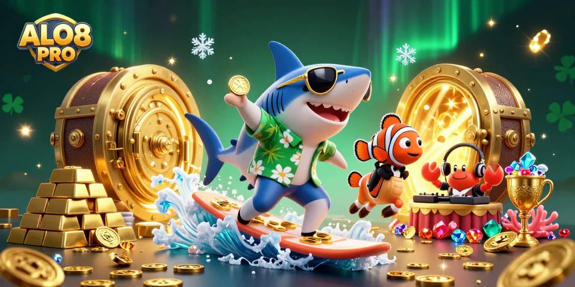 Engage in thrilling adventures with ALO8 PRO, featuring a hammer-head shark, clownfish, and crab DJ amidst treasure.