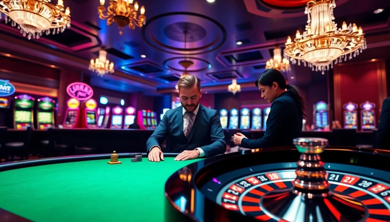 Engaged players at a lu88.com poker table in a luxurious casino setting.