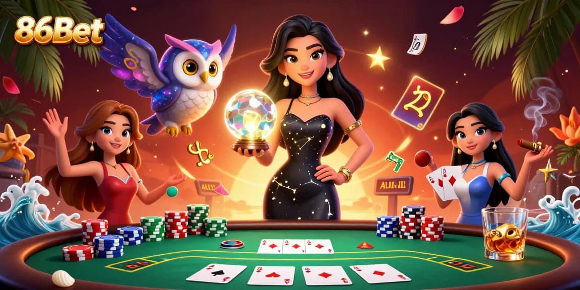 Engage with 86Bet in a vibrant casino scene showcasing poker elements and mystical characters.