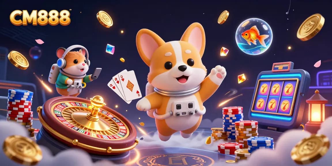Experience exciting gaming with CM888 at a floating casino featuring vibrant characters and dynamic casino elements.