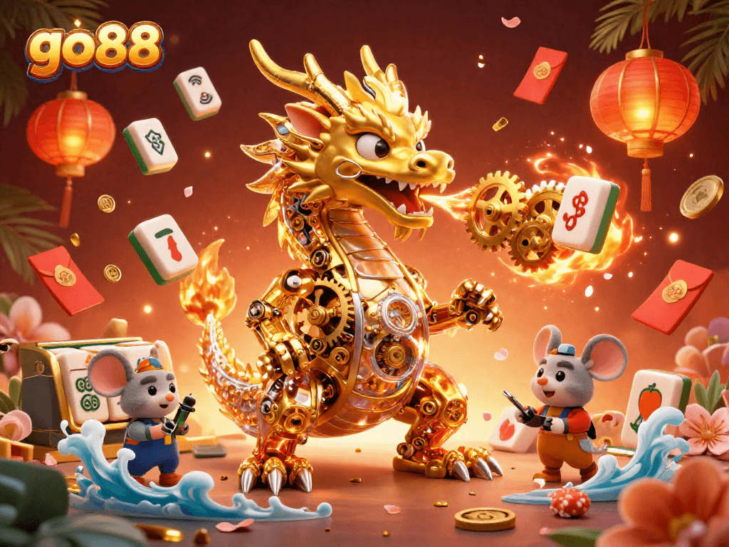 Experience the thrill of go88 through a vibrant scene with a golden dragon and dynamic casino elements.