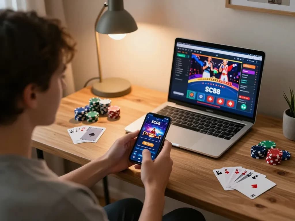 Player using SC88 app for online gaming in a cozy home office, showcasing strategy and interaction