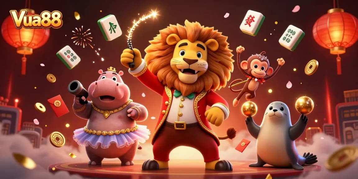 Engage in thrilling gameplay with Vua88's vibrant circus scene featuring iconic characters and dynamic casino elements.