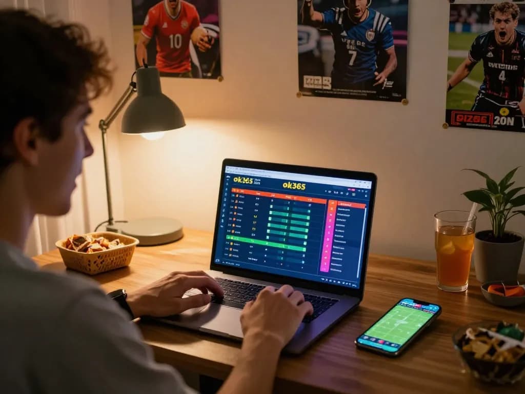 Engaging player betting on sports with ok365 on laptop, lively atmosphere in a cozy setting