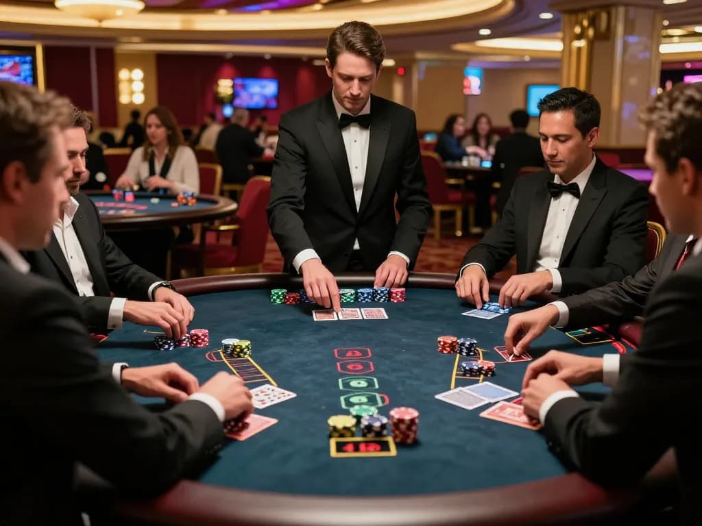 Players strategizing over a blackjack table at a luxurious Las Vegas casino in an exciting scene featuring DA88