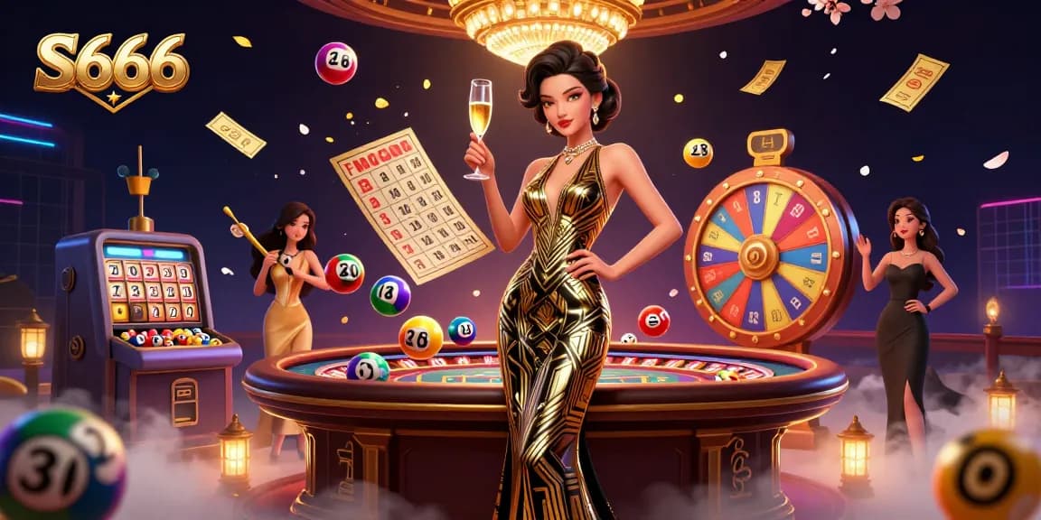 S666 showcases an elegant gambling scene with a glamorous Asian woman, vibrant lottery elements, and a vintage roulette table.