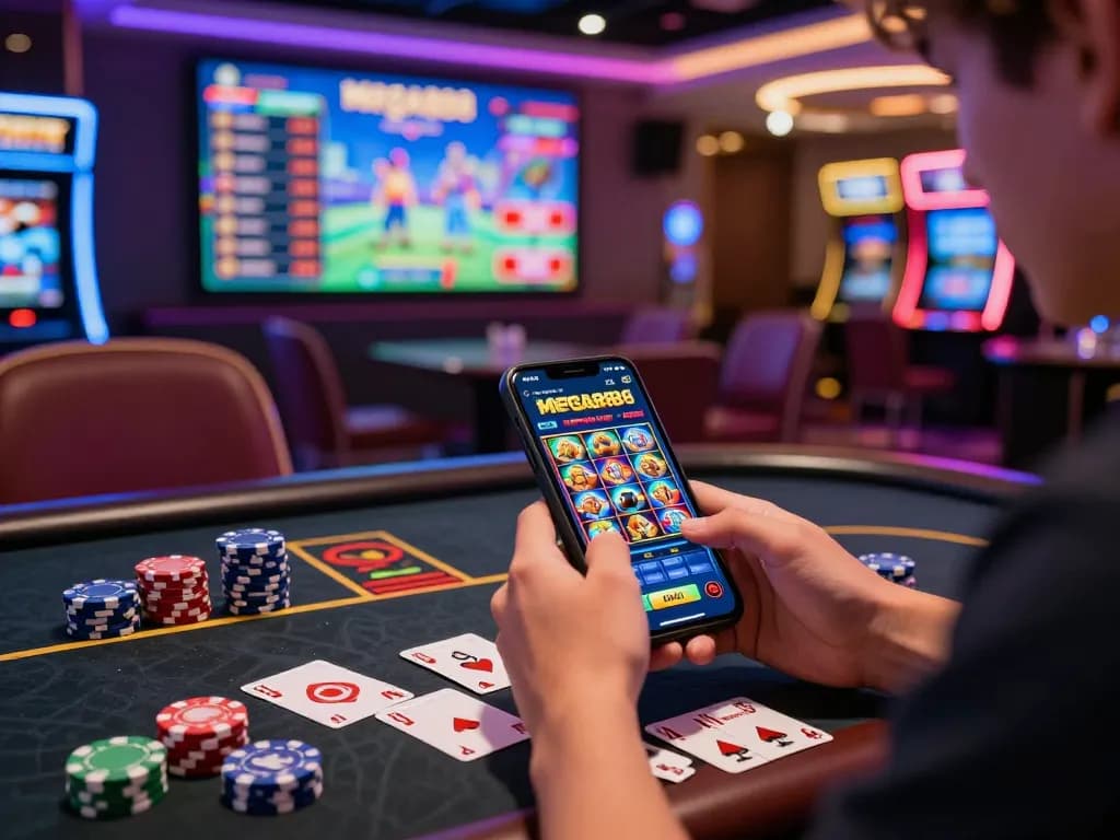 Engaging gaming scene featuring mega888 apk app on mobile device with casino elements.