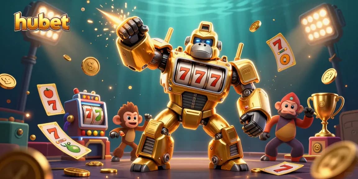 Experience thrilling gameplay with hubet's vibrant 3D cartoon casino scene featuring a golden gorilla mech.