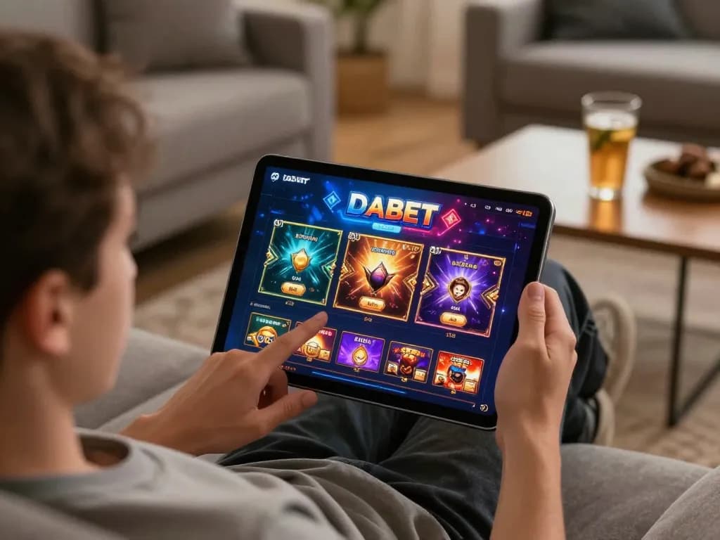 DABET online gaming experience on a tablet in a cozy home setup with engaging visuals.